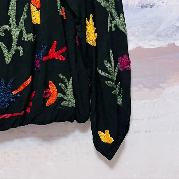 LAURIE FELT Black Peasant Blouse with Multicolor Floral Embroidery - Picture 5 of 16